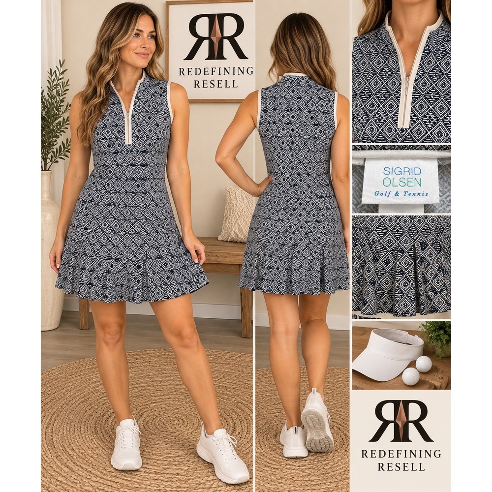 Sigrid Olsen Golf & Tennis Dress Navy White Geometric Zip Pleated UPF 50 XS NEW